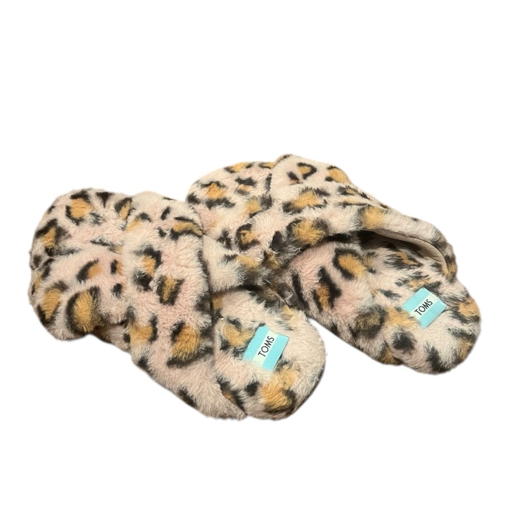 Toms Susie‎ Slippers Women Size 8 Pink Brown Cheetah Animal Print Faux Fur Shoe